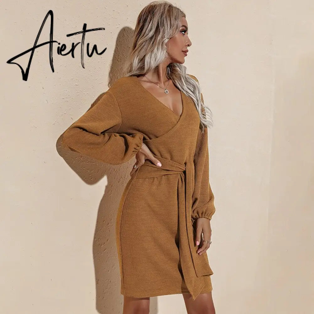 Aiertu Ladies Dress Party Solid Color Fall Dress With Waistband Long Sleeve V-neck Aiertu