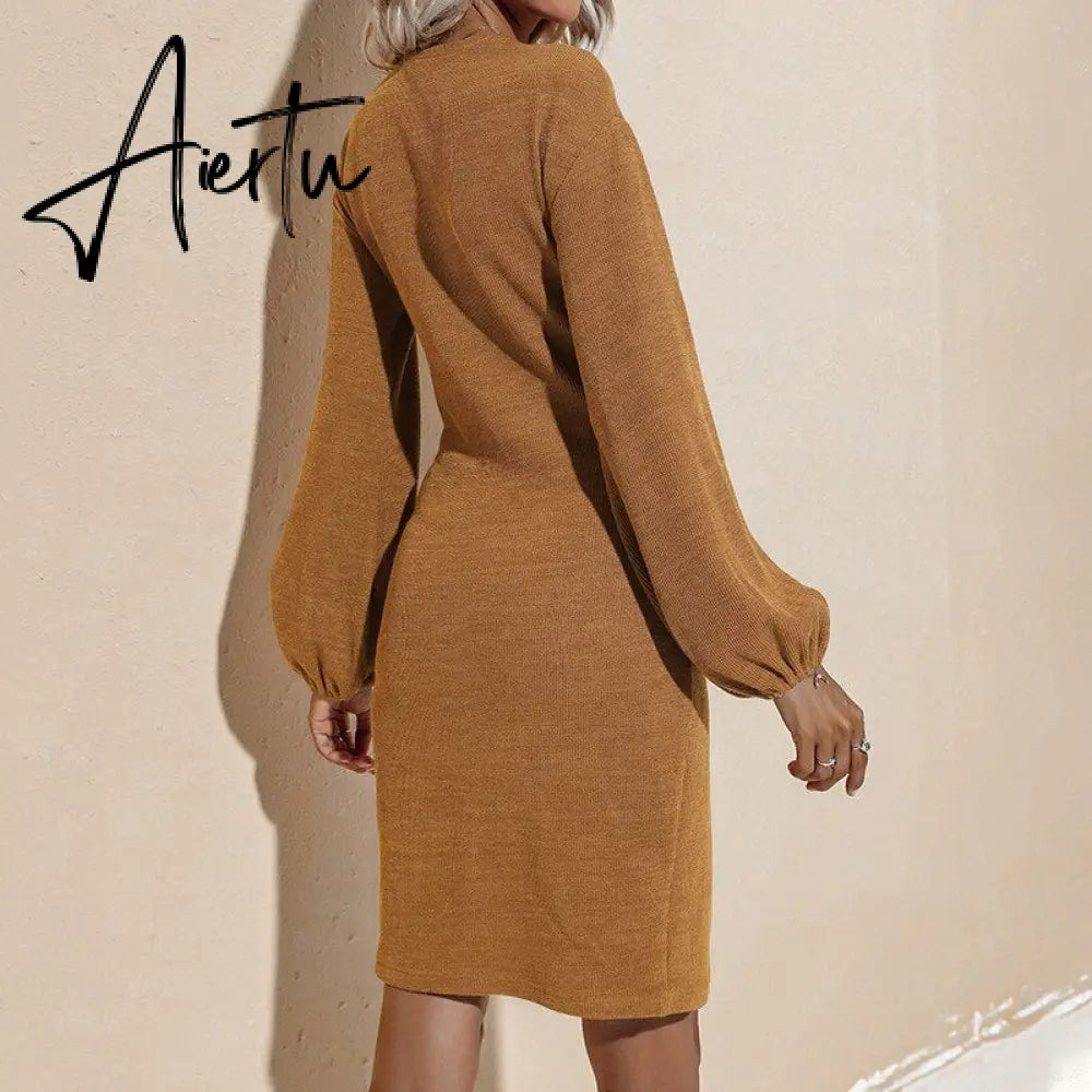 Aiertu Ladies Dress Party Solid Color Fall Dress With Waistband Long Sleeve V-neck Aiertu