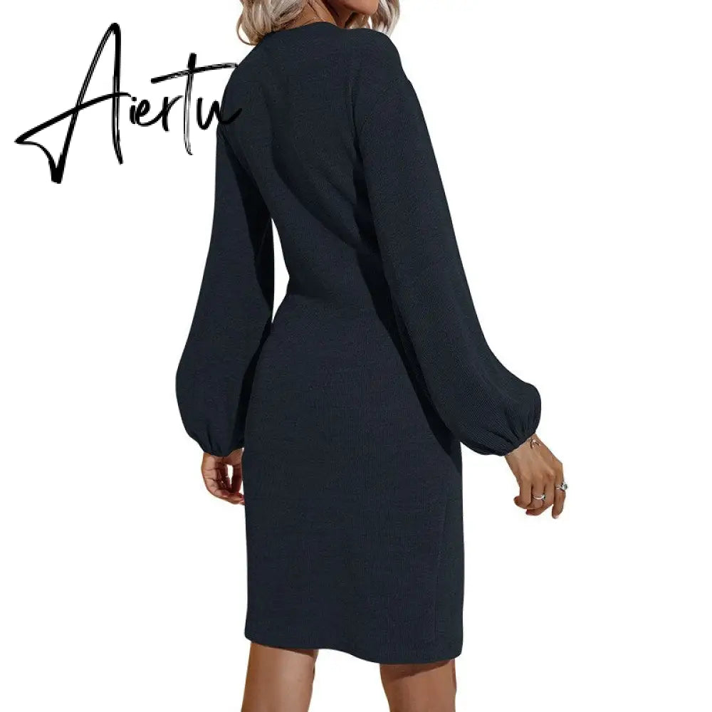 Aiertu Ladies Dress Party Solid Color Fall Dress With Waistband Long Sleeve V-neck Aiertu