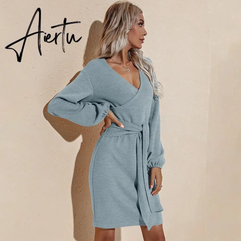 Aiertu Ladies Dress Party Solid Color Fall Dress With Waistband Long Sleeve V-neck Aiertu