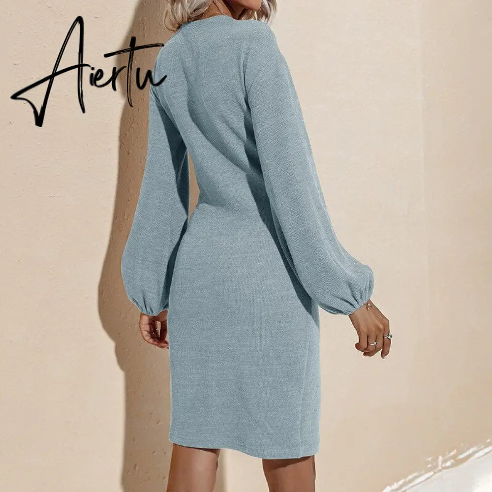 Aiertu Ladies Dress Party Solid Color Fall Dress With Waistband Long Sleeve V-neck Aiertu