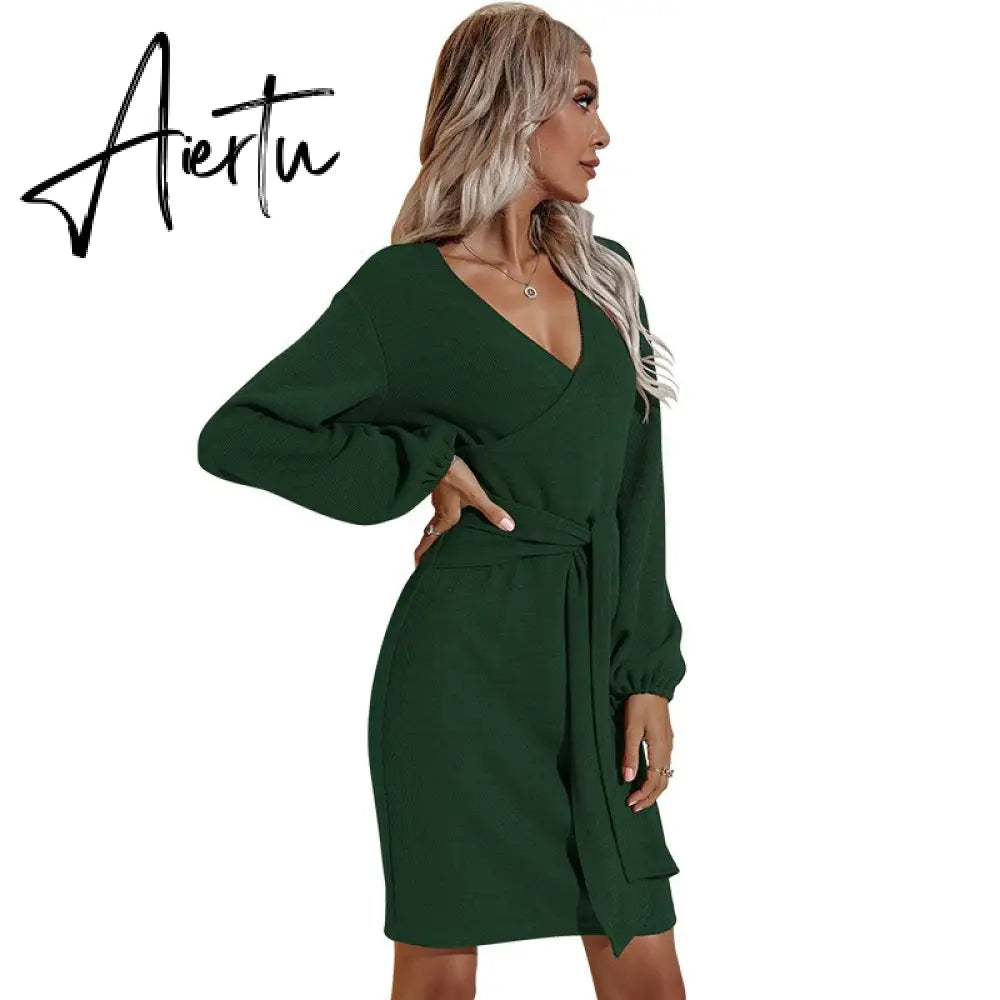 Aiertu Ladies Dress Party Solid Color Fall Dress With Waistband Long Sleeve V-neck Aiertu