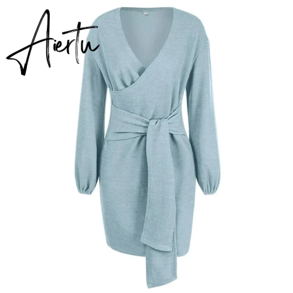 Aiertu Ladies Dress Party Solid Color Fall Dress With Waistband Long Sleeve V-neck Aiertu