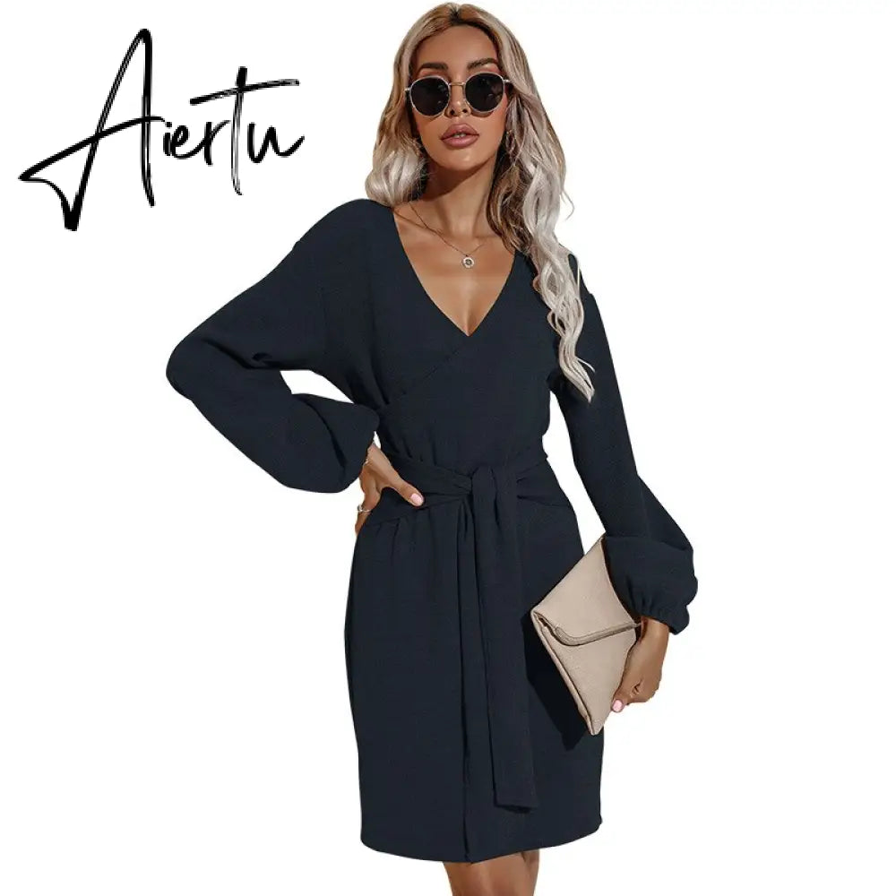 Aiertu Ladies Dress Party Solid Color Fall Dress With Waistband Long Sleeve V-neck Aiertu