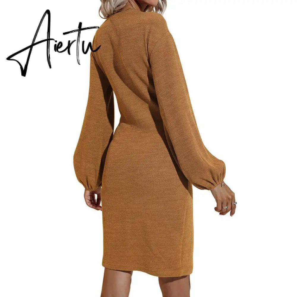 Aiertu Ladies Dress Party Solid Color Fall Dress With Waistband Long Sleeve V-neck Aiertu