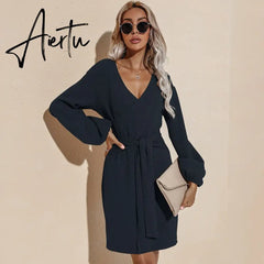 Aiertu Ladies Dress Party Solid Color Fall Dress With Waistband Long Sleeve V-neck Aiertu