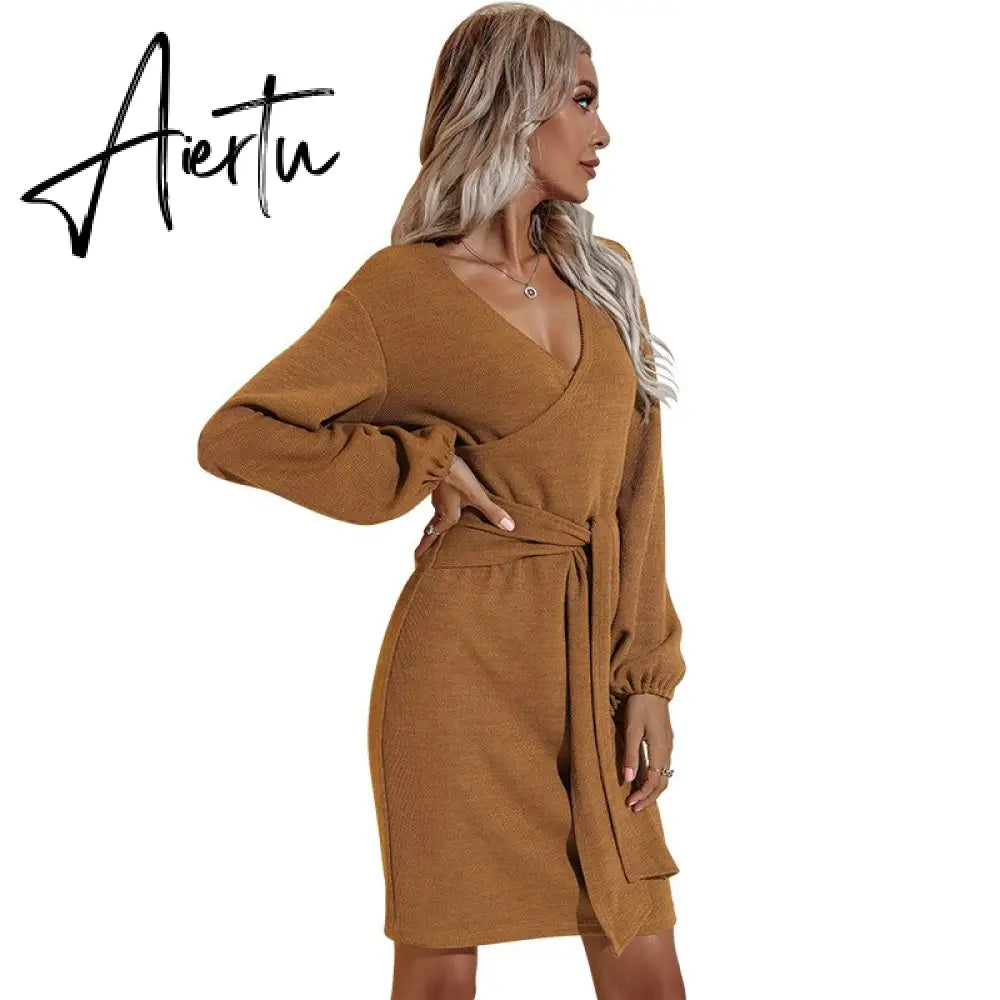 Aiertu Ladies Dress Party Solid Color Fall Dress With Waistband Long Sleeve V-neck Aiertu