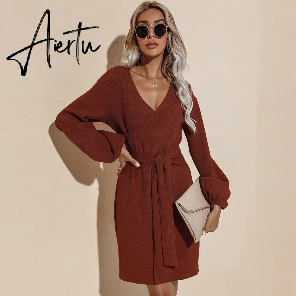 Aiertu Ladies Dress Party Solid Color Fall Dress With Waistband Long Sleeve V-neck Aiertu