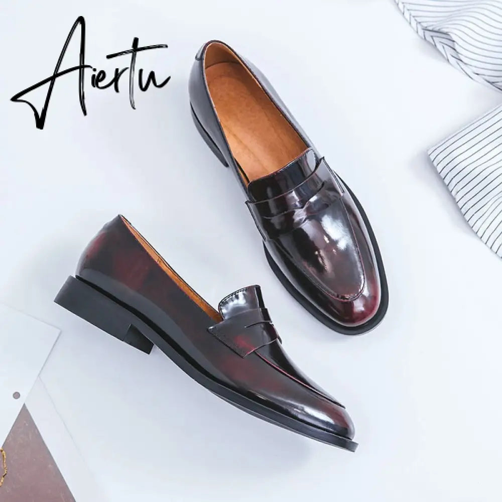 Aiertu ladies Leather shoes British style plus size 22-26.5cm women pumps loafers lazy shoes womens platform heels black shoes Aiertu
