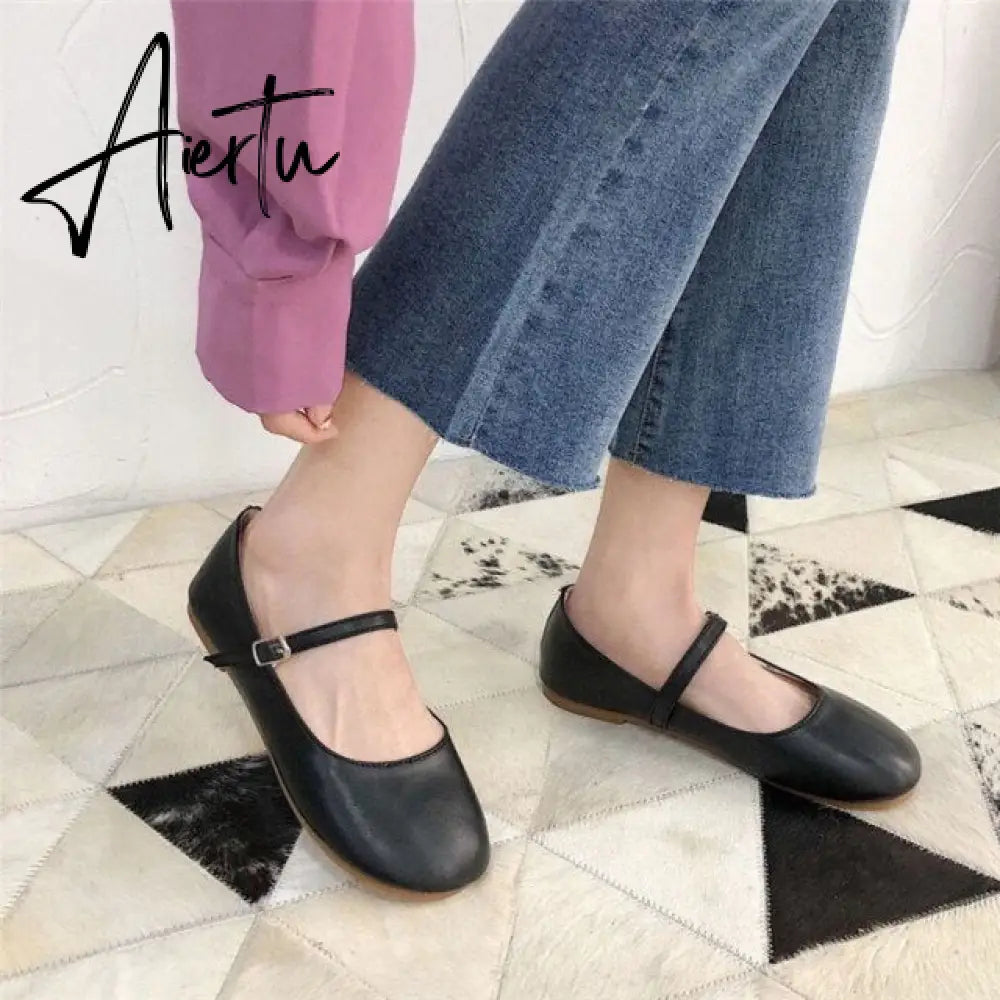 Aiertu Ladies Soft Leather Ballet Shoes Fashion Casual Round Toe Buckle Strap Loafers Women Spring Summer Sweet White Black Flats Aiertu