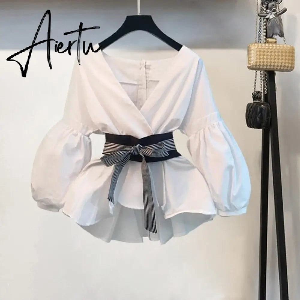 Aiertu Lantern Sleeve Blouse Shirt Women Fashion Korean Style Summer Bow V-neck Striped Shirt Elegant Ladies Tops Female Clothing Aiertu