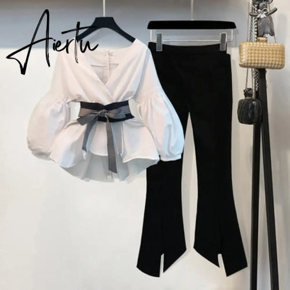 Aiertu Lantern Sleeve Blouse Shirt Women Fashion Korean Style Summer Bow V-neck Striped Shirt Elegant Ladies Tops Female Clothing Aiertu