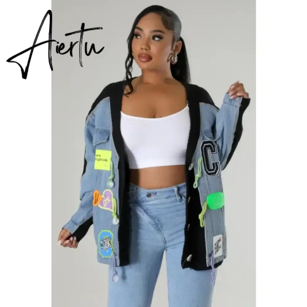Aiertu Letter Badge Denim Patchwork Knit Cardigan Dopamine Candy Color Baggy Jackets Fall Winter Activewear High Street Outerwear Aiertu