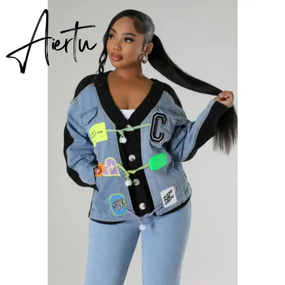 Aiertu Letter Badge Denim Patchwork Knit Cardigan Dopamine Candy Color Baggy Jackets Fall Winter Activewear High Street Outerwear Aiertu