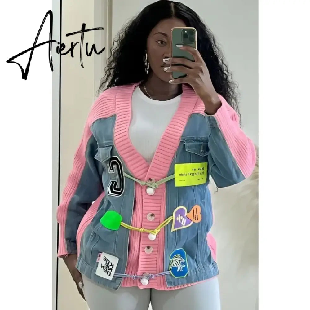 Aiertu Letter Badge Denim Patchwork Knit Cardigan Dopamine Candy Color Baggy Jackets Fall Winter Activewear High Street Outerwear Aiertu