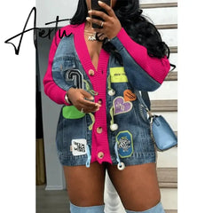 Aiertu Letter Badge Denim Patchwork Knit Cardigan Dopamine Candy Color Baggy Jackets Fall Winter Activewear High Street Outerwear Aiertu