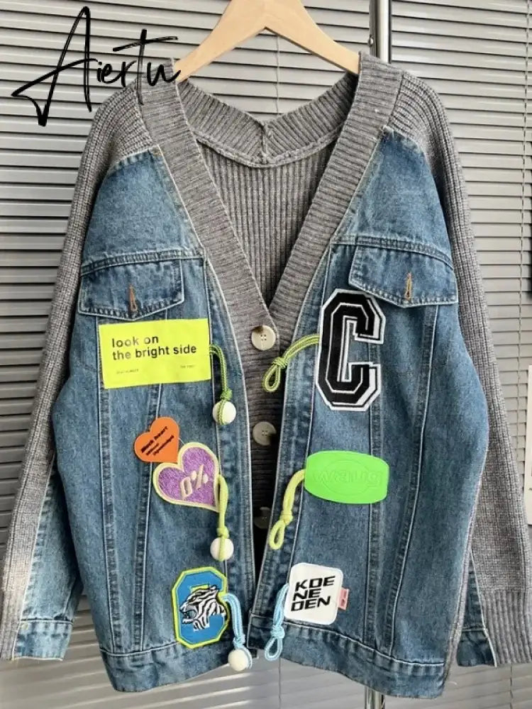 Aiertu Letter Badge Denim Patchwork Knit Cardigan Dopamine Candy Color Baggy Jackets Fall Winter Activewear High Street Outerwear Aiertu
