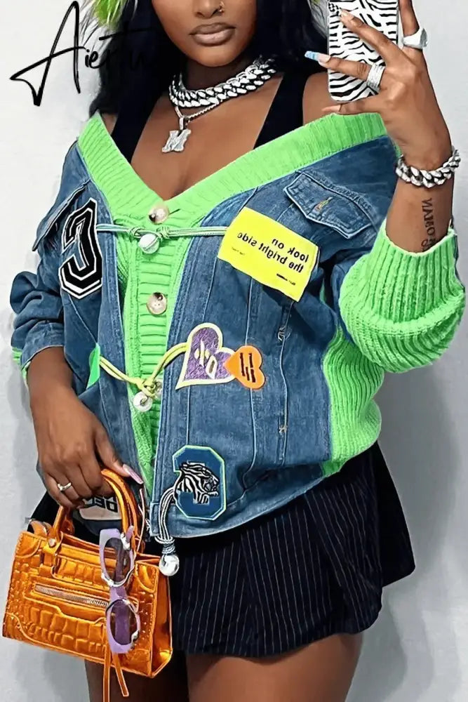 Aiertu Letter Badge Denim Patchwork Knit Cardigan Dopamine Candy Color Baggy Jackets Fall Winter Activewear High Street Outerwear Aiertu