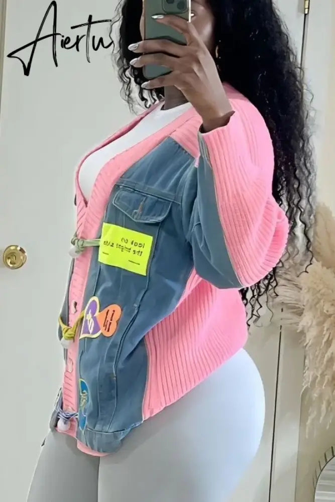 Aiertu Letter Badge Denim Patchwork Knit Cardigan Dopamine Candy Color Baggy Jackets Fall Winter Activewear High Street Outerwear Aiertu