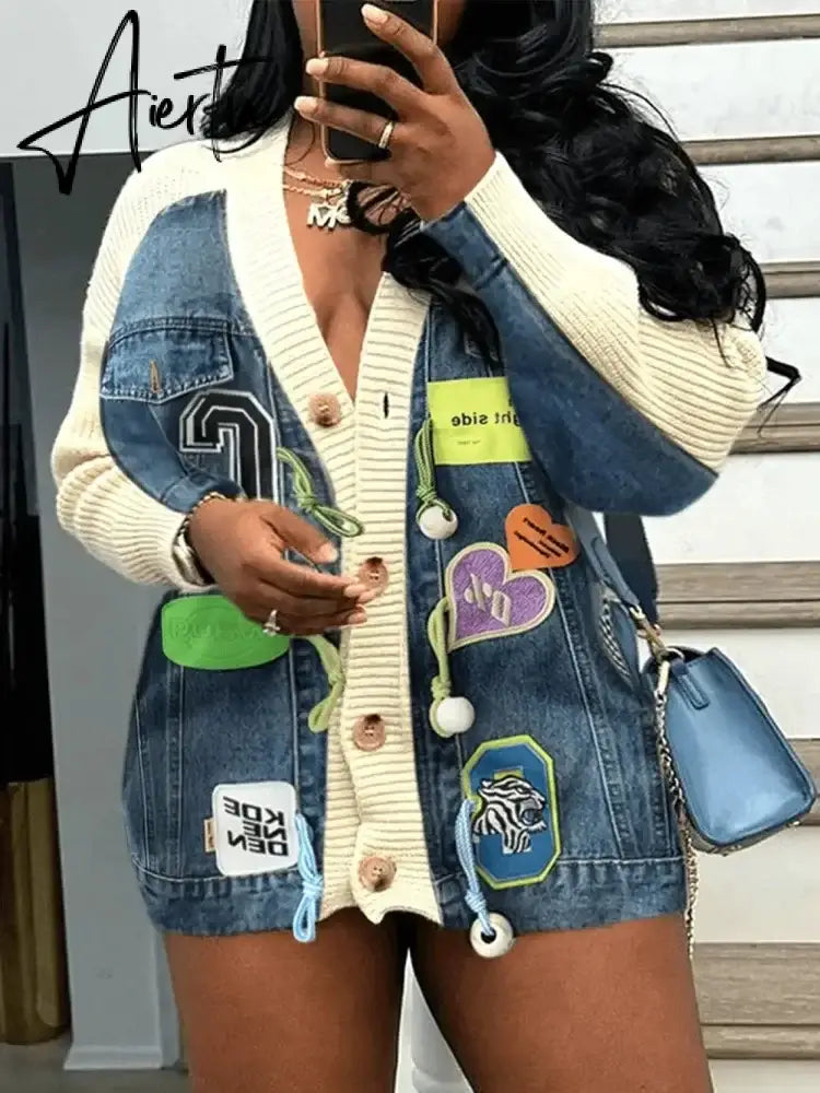 Aiertu Letter Badge Denim Patchwork Knit Cardigan Dopamine Candy Color Baggy Jackets Fall Winter Activewear High Street Outerwear Aiertu