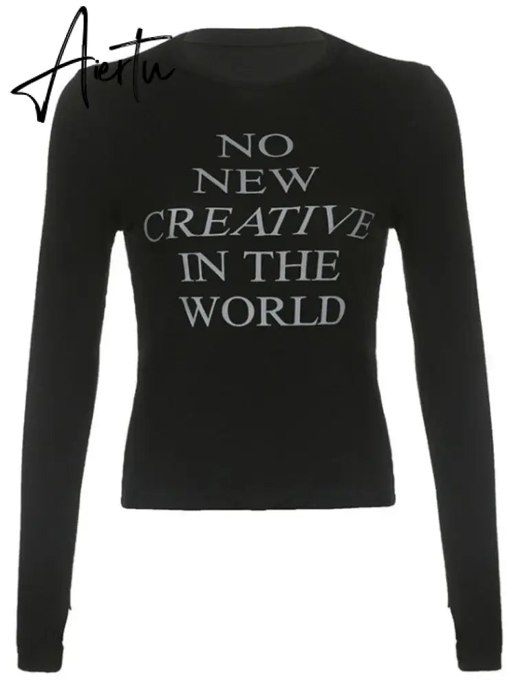 Aiertu Letter Print Long Sleeve Tee Shirts Femme Casual Y2k All Match O Neck T-shirt Vintage Streetwear Harajuku Women Tshirts Korean Aiertu