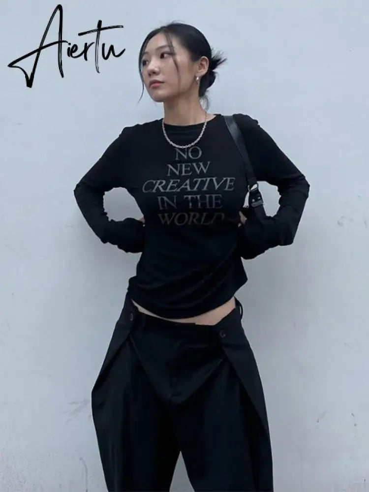 Aiertu Letter Print Long Sleeve Tee Shirts Femme Casual Y2k All Match O Neck T-shirt Vintage Streetwear Harajuku Women Tshirts Korean Aiertu