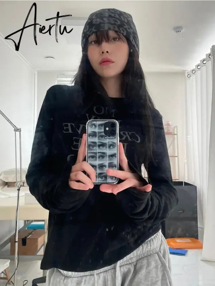 Aiertu Letter Print Long Sleeve Tee Shirts Femme Casual Y2k All Match O Neck T-shirt Vintage Streetwear Harajuku Women Tshirts Korean Aiertu