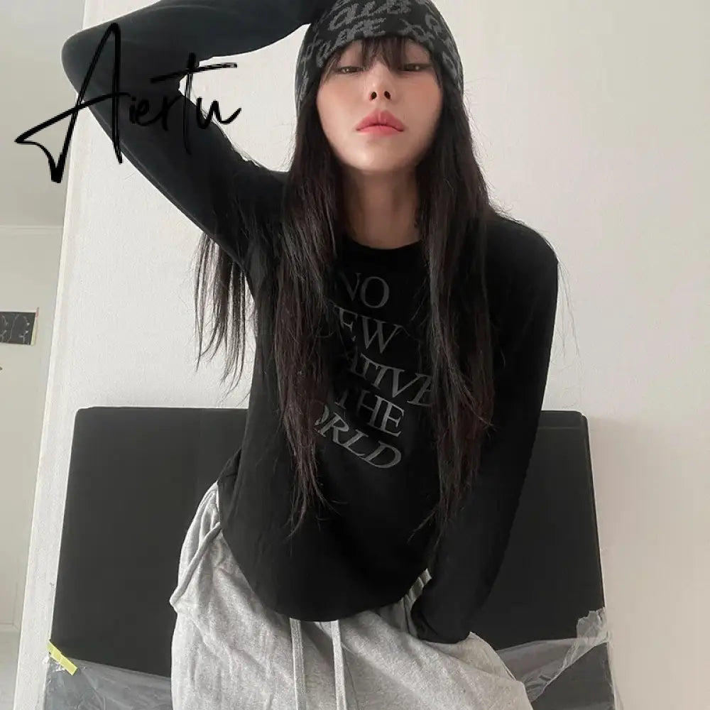 Aiertu Letter Print Long Sleeve Tee Shirts Femme Casual Y2k All Match O Neck T-shirt Vintage Streetwear Harajuku Women Tshirts Korean Aiertu