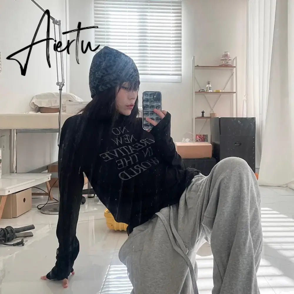Aiertu Letter Print Long Sleeve Tee Shirts Femme Casual Y2k All Match O Neck T-shirt Vintage Streetwear Harajuku Women Tshirts Korean Aiertu