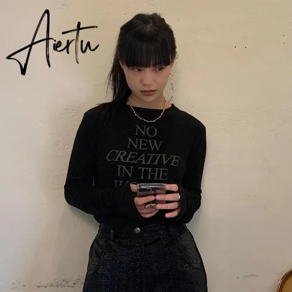 Aiertu Letter Print Long Sleeve Tee Shirts Femme Casual Y2k All Match O Neck T-shirt Vintage Streetwear Harajuku Women Tshirts Korean Aiertu