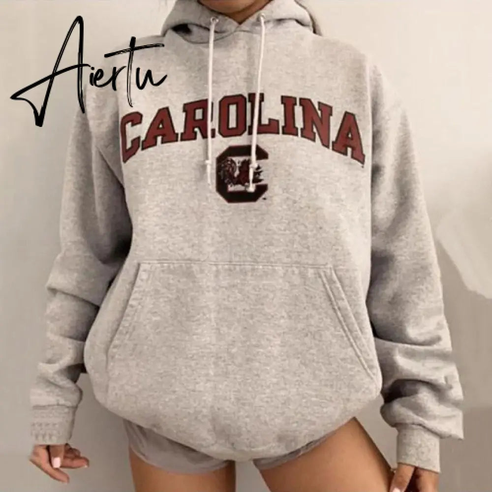 Aiertu Letter Print Sweatshirt Vintage Women Hoodies Gray Cotton Warm Fleece Winter Pullovers Autumn New Casual Streetwear Girls Aiertu