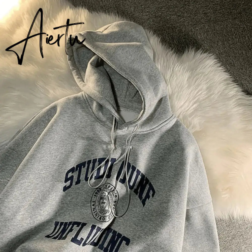 Aiertu Letter Print Sweatshirt Vintage Women Hoodies Gray Cotton Warm Fleece Winter Pullovers Autumn New Casual Streetwear Girls Aiertu