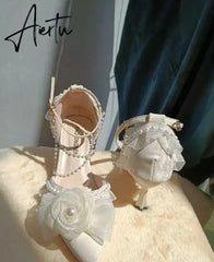 Aiertu Lolita elegant party dresses for women 2024 wedding bridal shoe pointed toe heels Pretty shoes designer ladies heel beige high-e Aiertu