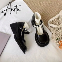 Aiertu Lolita shoes spring fashion pearl platform high heels Mary Jane Japanese retro small leather shoes female college students shoes Aiertu