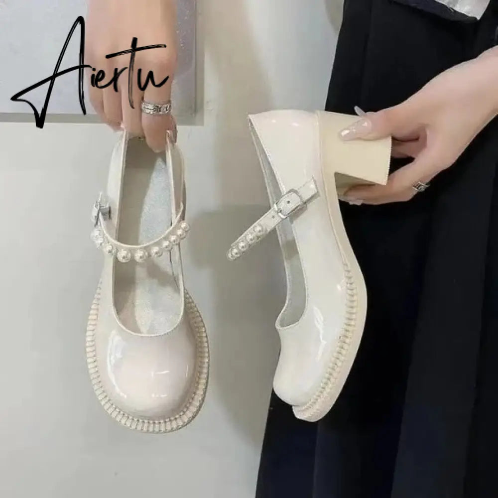 Aiertu Lolita shoes spring fashion pearl platform high heels Mary Jane Japanese retro small leather shoes female college students shoes Aiertu