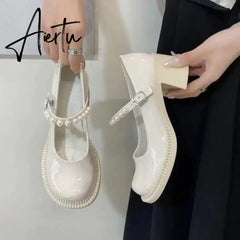 Aiertu Lolita shoes spring fashion pearl platform high heels Mary Jane Japanese retro small leather shoes female college students shoes Aiertu