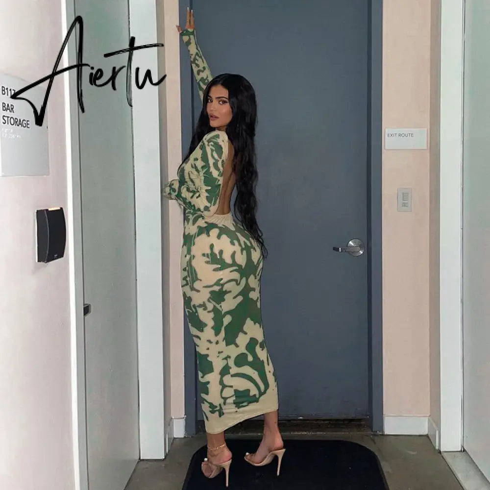 Aiertu Long Sleeve Backless Sexy Camouflage Dress Summer Women Fashion Streetwear Outfits Solid Club Clothing Aiertu