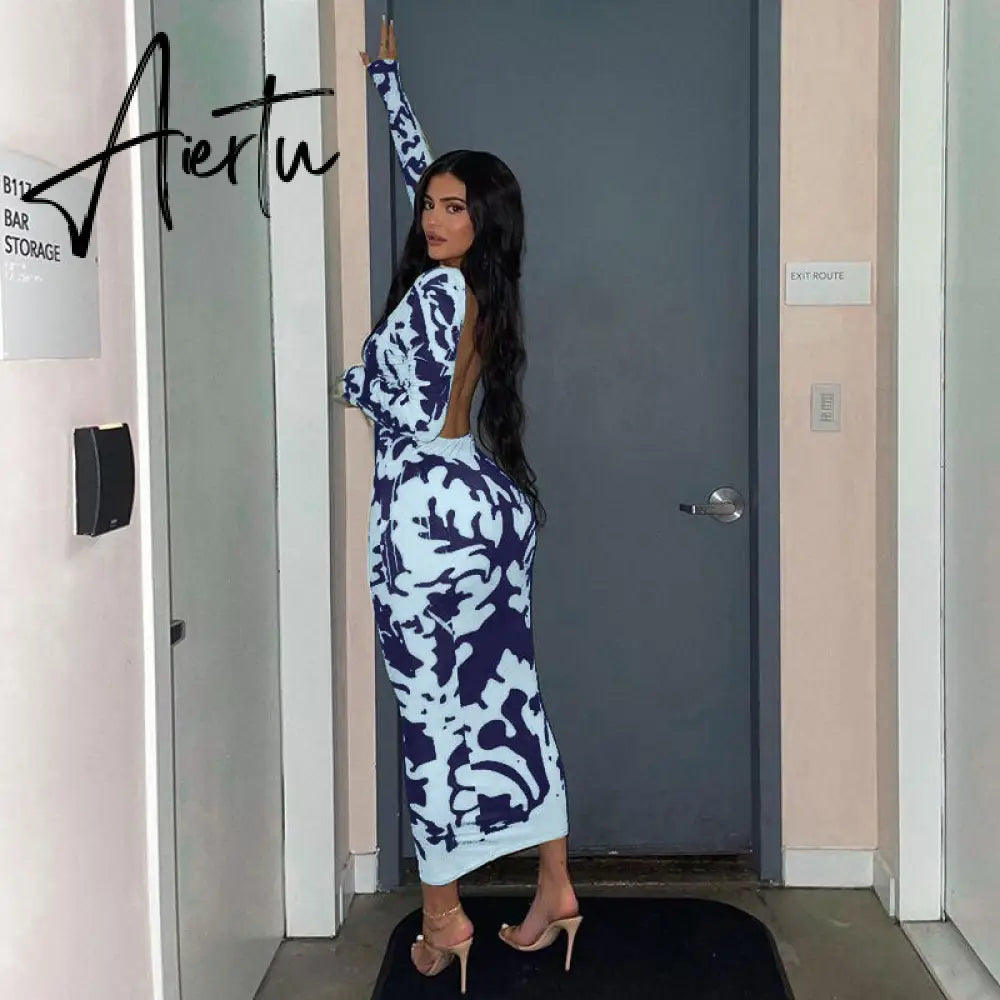 Aiertu Long Sleeve Backless Sexy Camouflage Dress Summer Women Fashion Streetwear Outfits Solid Club Clothing Aiertu