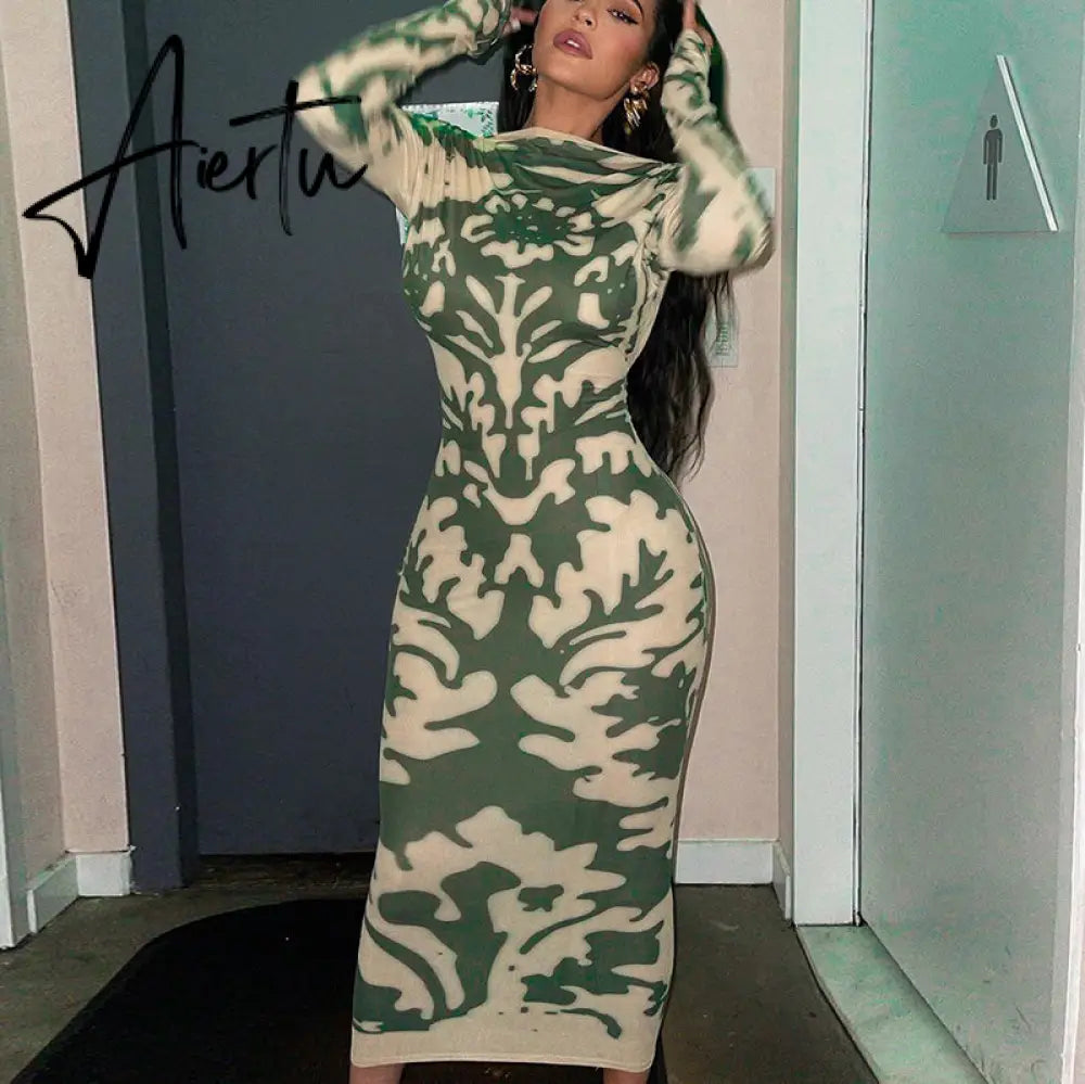Aiertu Long Sleeve Backless Sexy Camouflage Dress Summer Women Fashion Streetwear Outfits Solid Club Clothing Aiertu