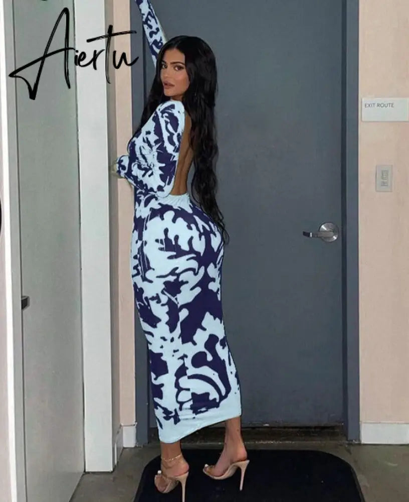 Aiertu Long Sleeve Backless Sexy Camouflage Dress Summer Women Fashion Streetwear Outfits Solid Club Clothing Aiertu