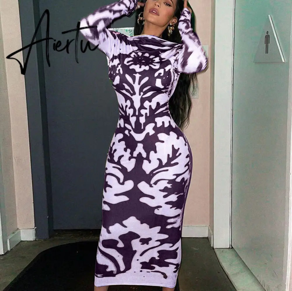 Aiertu Long Sleeve Backless Sexy Camouflage Dress Summer Women Fashion Streetwear Outfits Solid Club Clothing Aiertu