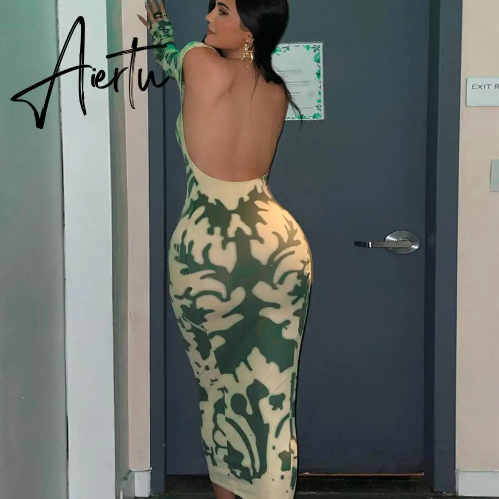 Aiertu Long Sleeve Backless Sexy Camouflage Dress Summer Women Fashion Streetwear Outfits Solid Club Clothing Aiertu