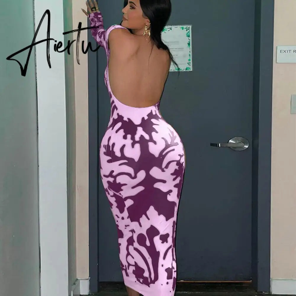Aiertu Long Sleeve Backless Sexy Camouflage Dress Summer Women Fashion Streetwear Outfits Solid Club Clothing Aiertu