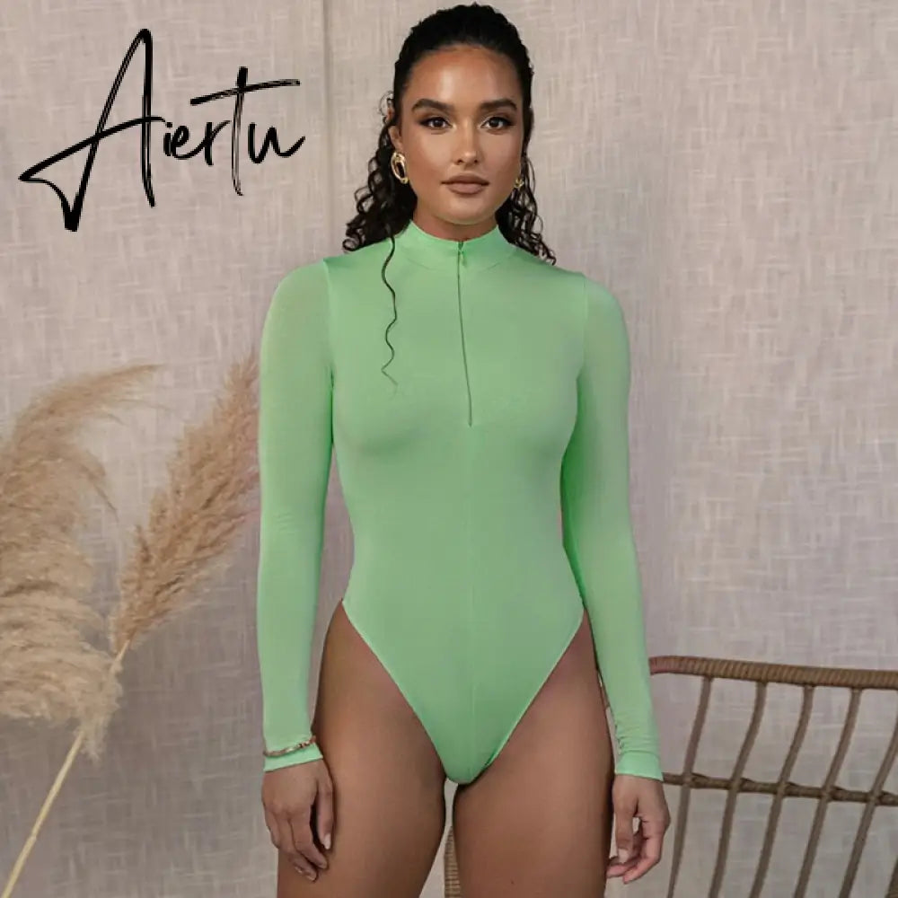 Aiertu long sleeve front zipper v neck women sexy body high stretchy basic bodysuit Aiertu