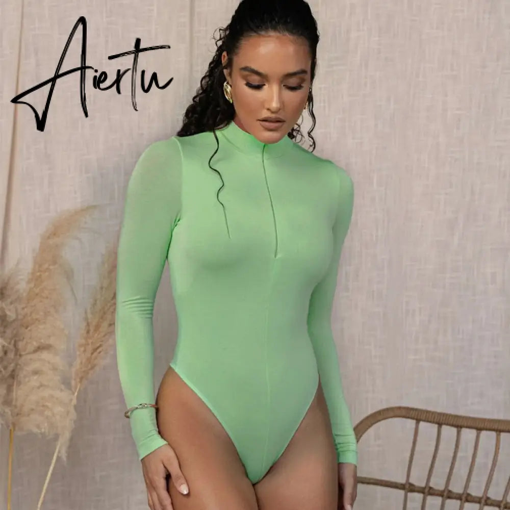 Aiertu long sleeve front zipper v neck women sexy body high stretchy basic bodysuit Aiertu