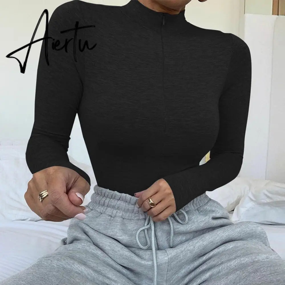 Aiertu long sleeve front zipper v neck women sexy body high stretchy basic bodysuit Aiertu