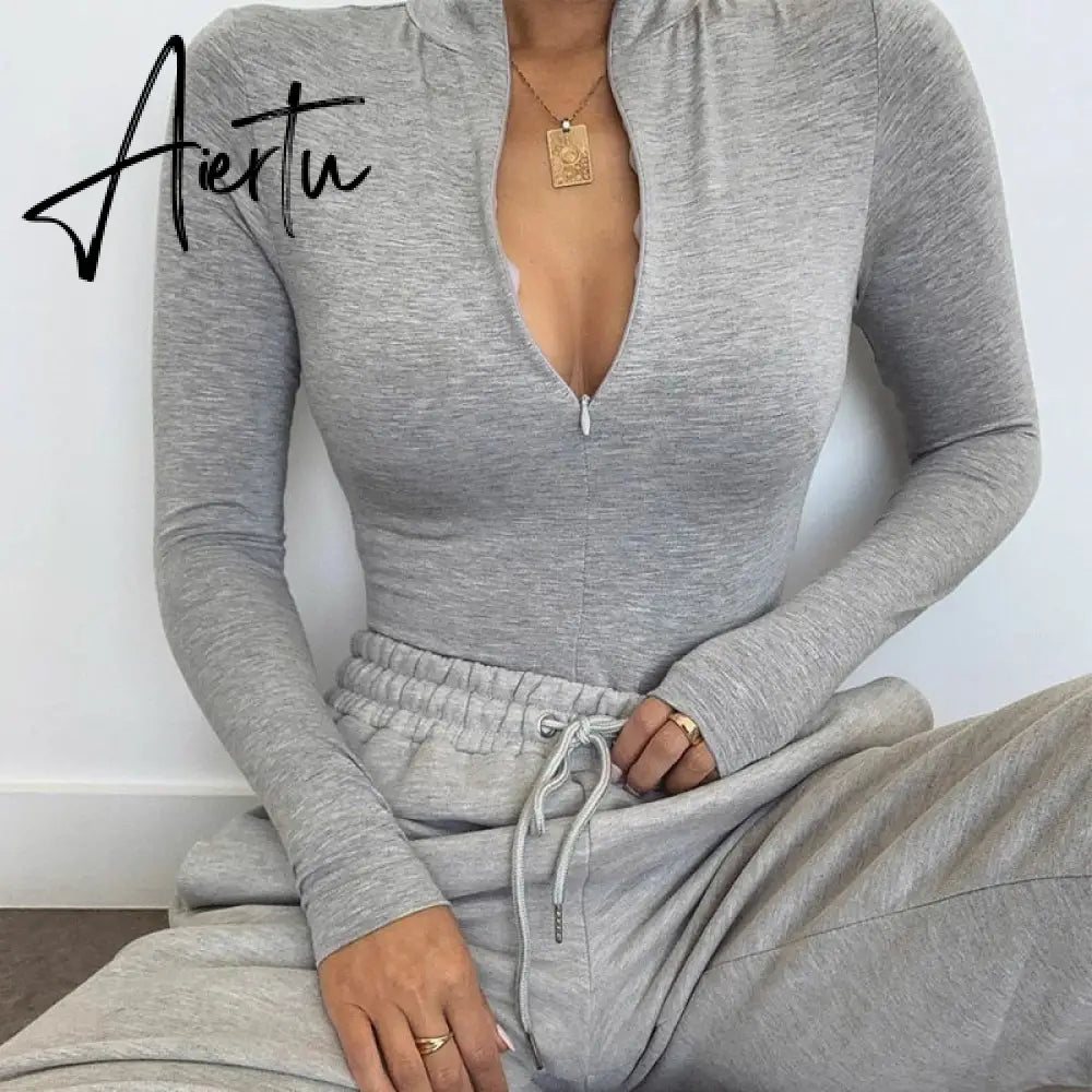 Aiertu long sleeve front zipper v neck women sexy body high stretchy basic bodysuit Aiertu