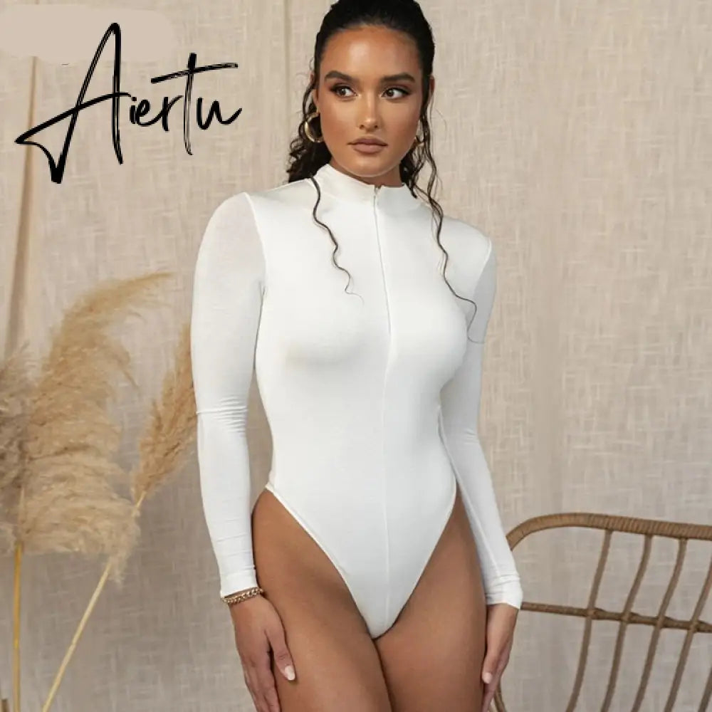 Aiertu long sleeve front zipper v neck women sexy body high stretchy basic bodysuit Aiertu