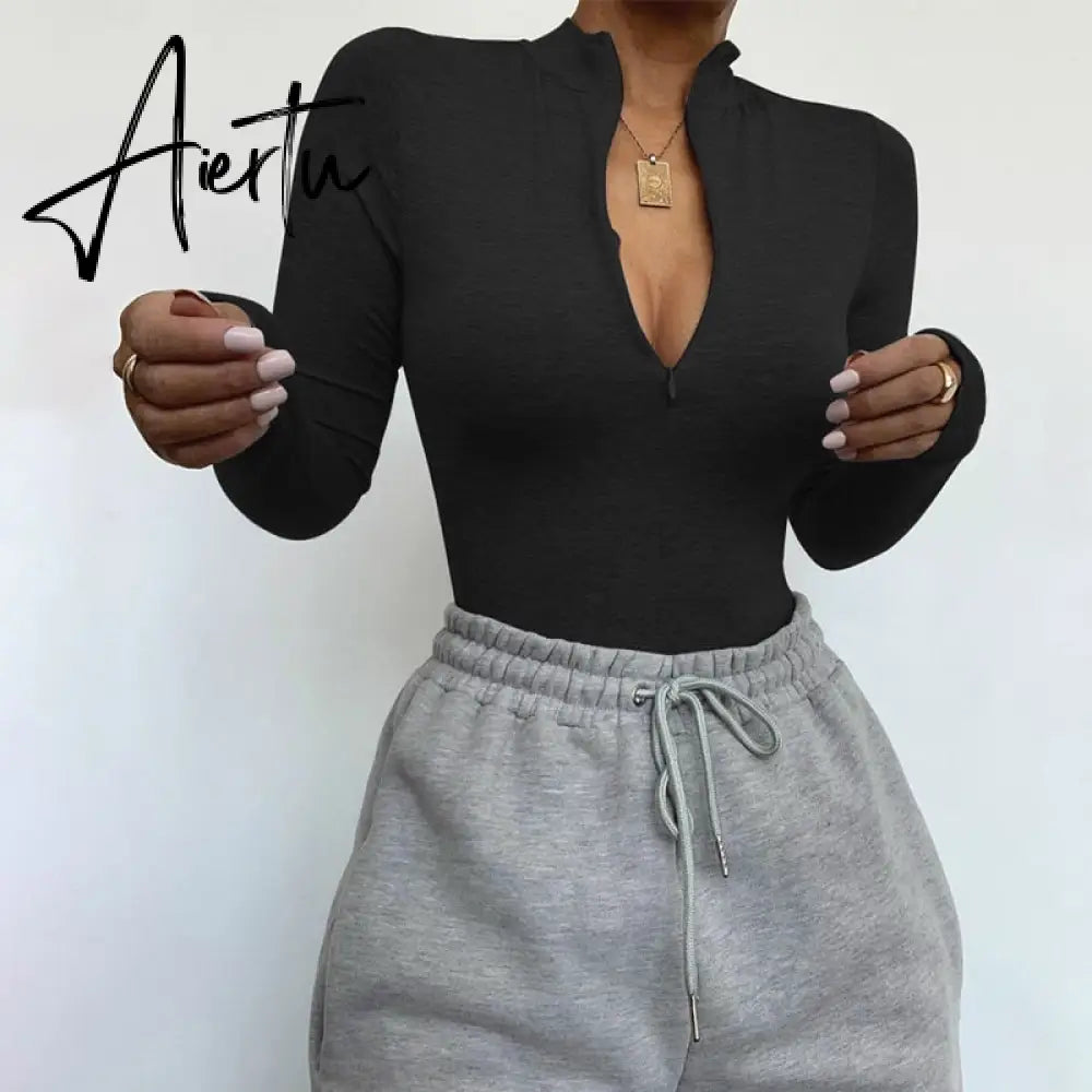 Aiertu long sleeve front zipper v neck women sexy body high stretchy basic bodysuit Aiertu