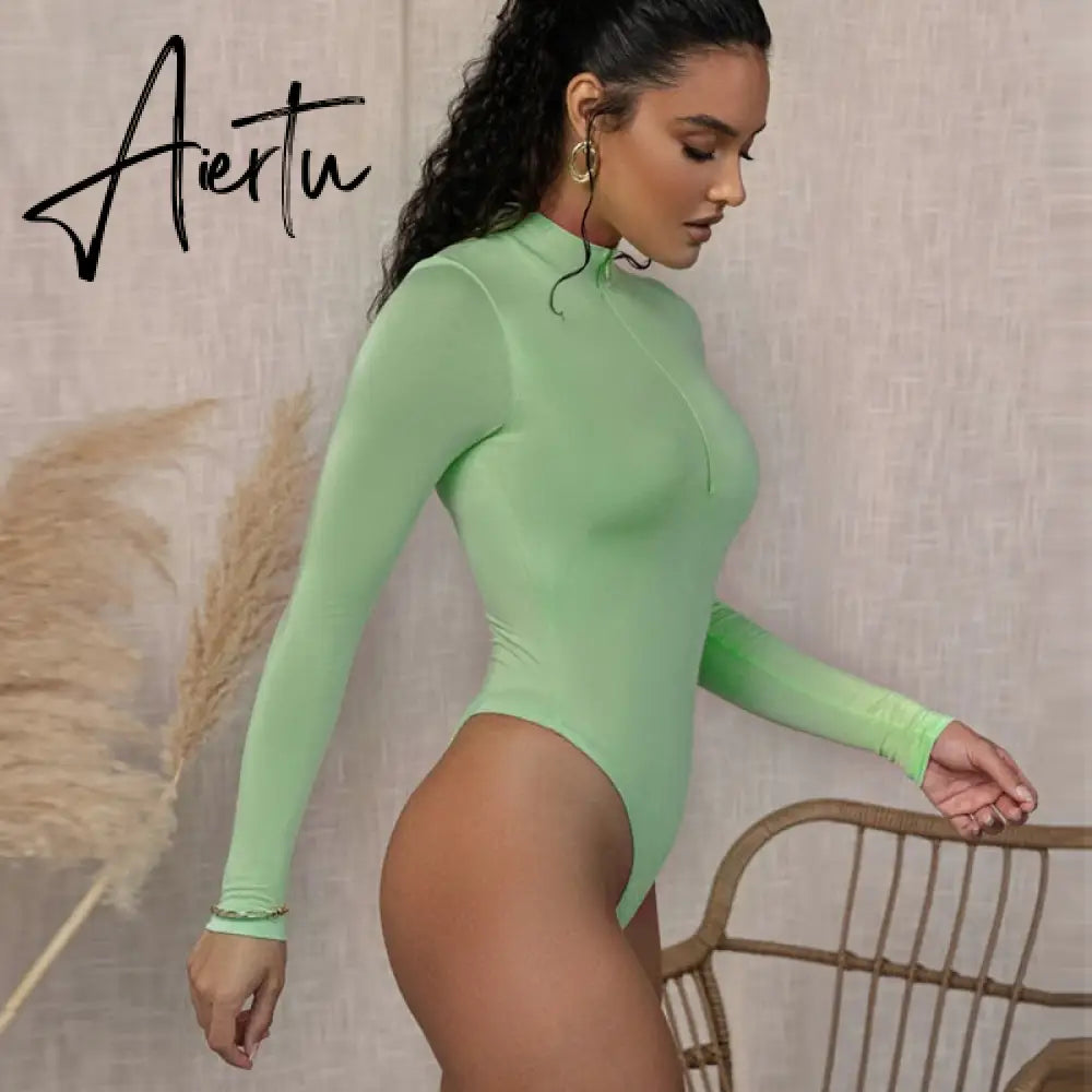 Aiertu long sleeve front zipper v neck women sexy body high stretchy basic bodysuit Aiertu